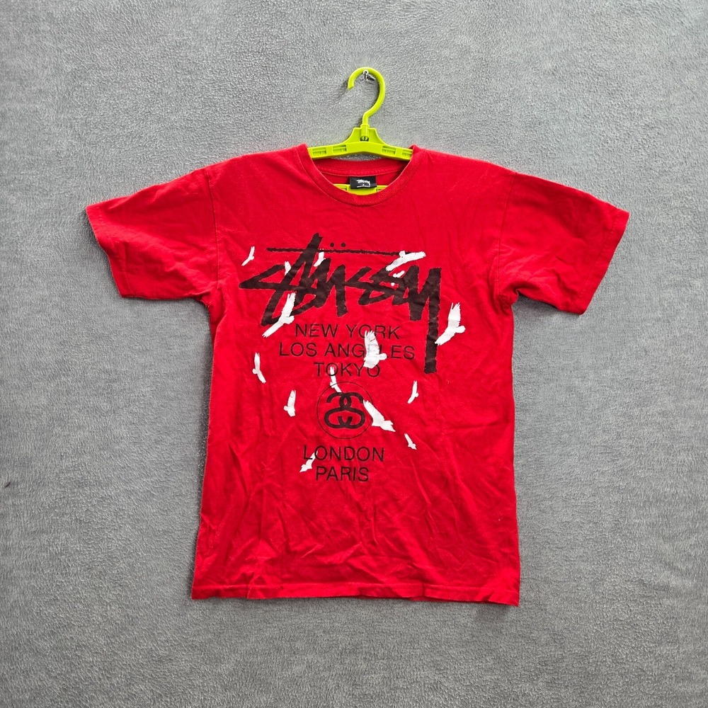 VINTAGE Stussy Women Top Small Red Shirt World Tour Birds Graphic Y2K Tee READ